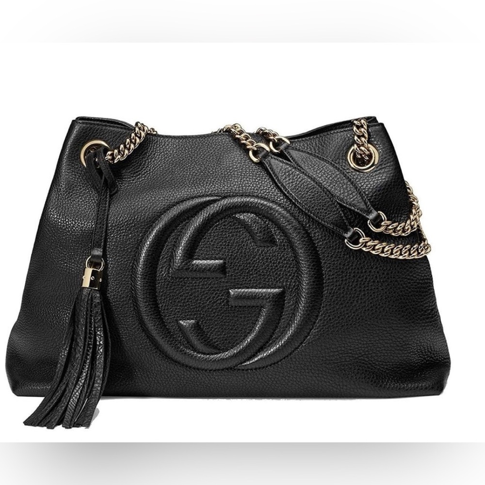 Authentic Gucci Soho Tote Tassel Pebbled Calfskin Leather Chain Shoulder Bag GG